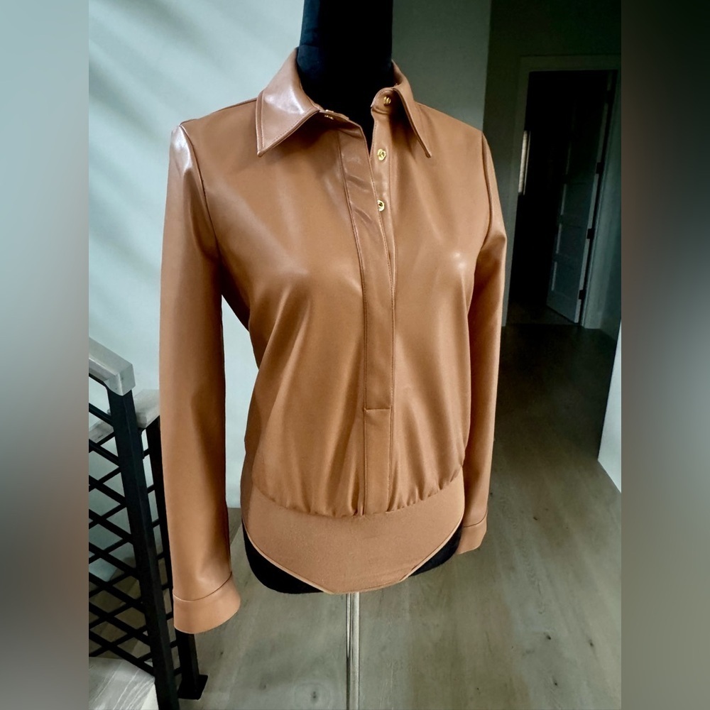 New Marciano Tan Faux Leather Button-Up bodysuit